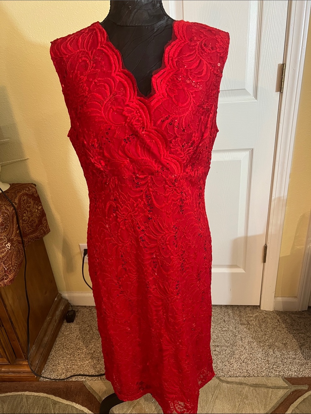 Red Lace V-Neck Midi Dress